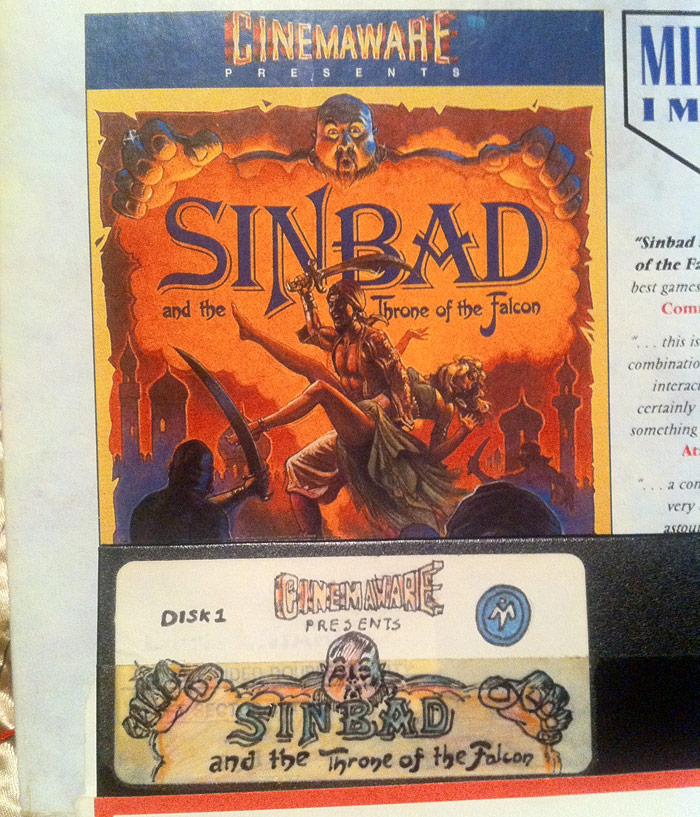 Picture of Cinemaware’s Sinbad box and the author’s own label for his backup disk